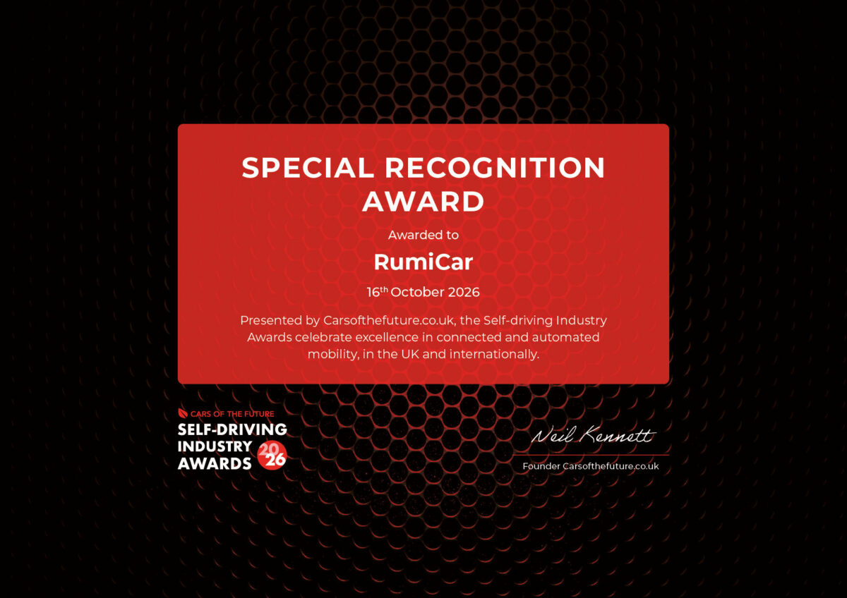 Self-Driving Industry Awards 2026 Special Recognition Award の受賞証。Awarded to RumiCar、16th October 2026
